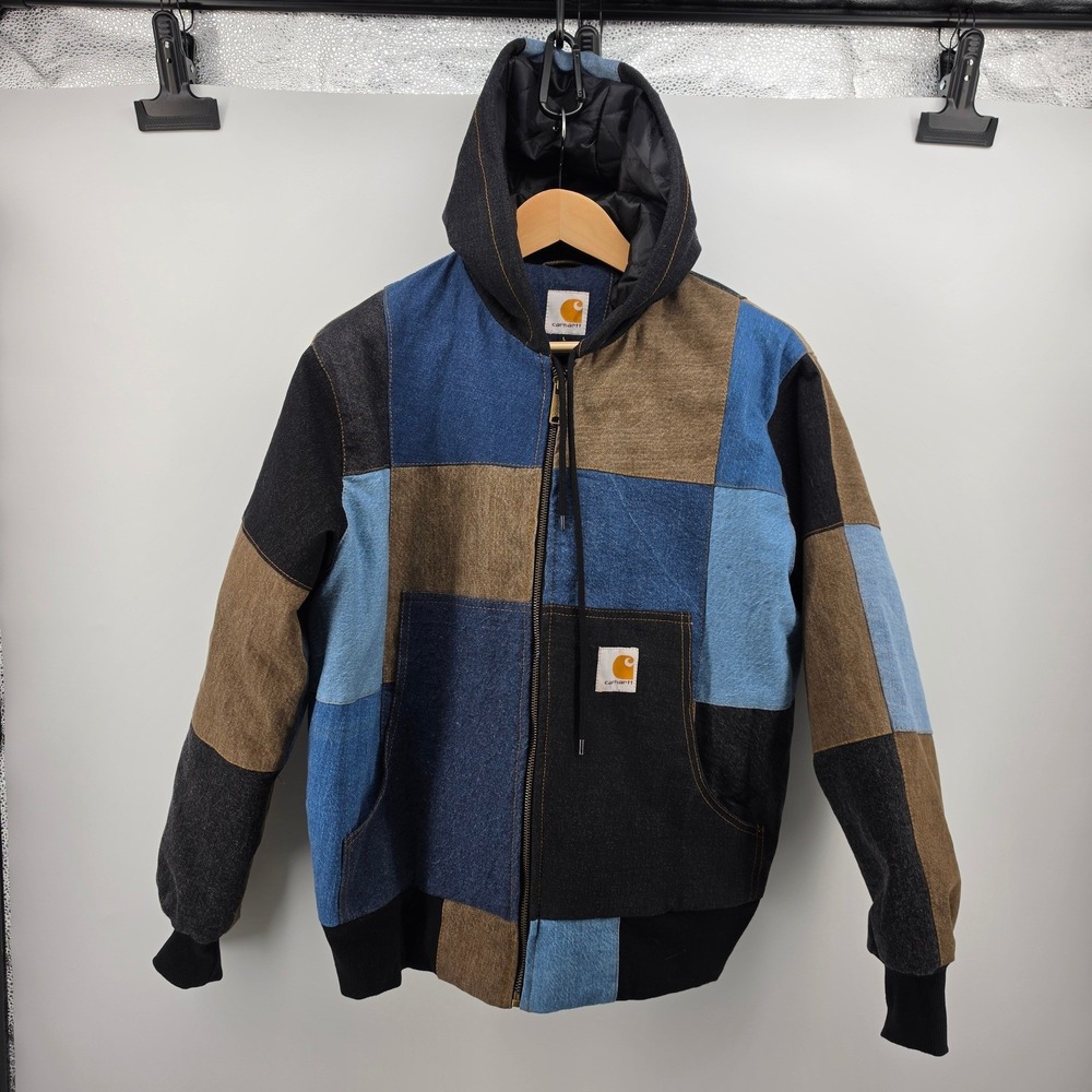 Carhartt Reworked Patchwork Denim Jacket Mens Large Hooded Quilted Lined Work